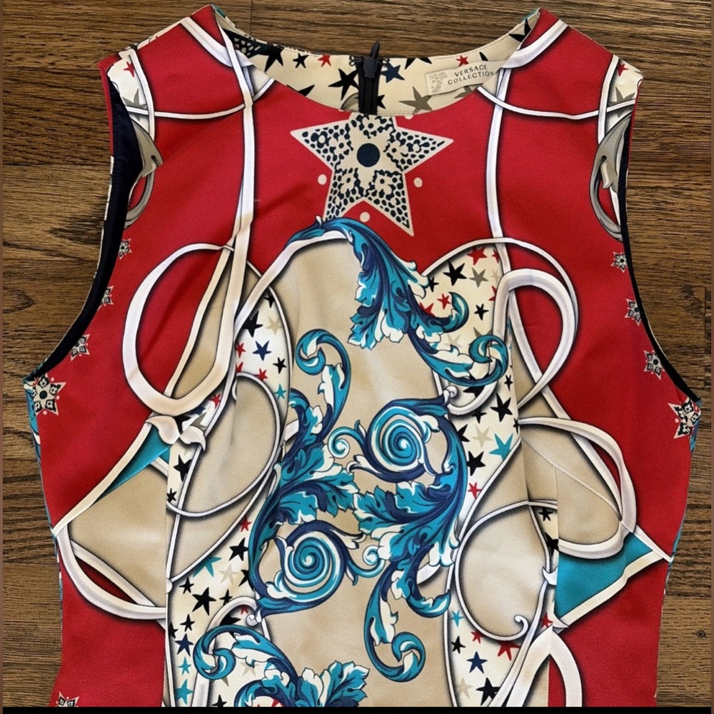Versace Red and Blue Pattern Mini Dress 38 2 $1645 - Picture 5 of 10